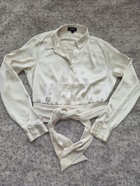 Express Cream Satin Cropped Tie-Waist Blouse - Size Small